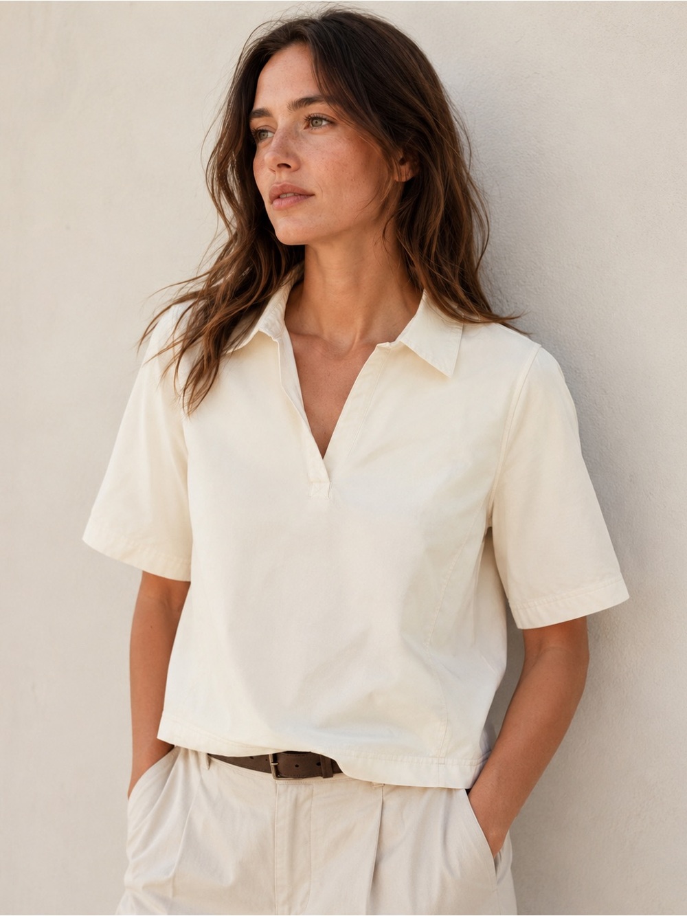 SUNDAYS Anthropologie Cream Short-Sleeve Polo Top